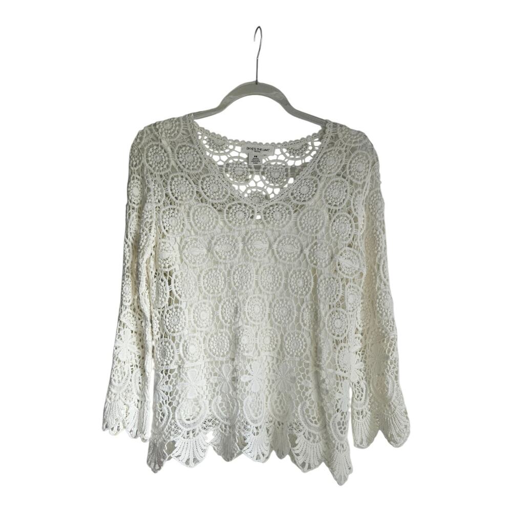 SKYE'S The Limit Womens PETITE SM Lace Top Ivory V-Neck Scalloped Camisole L/S